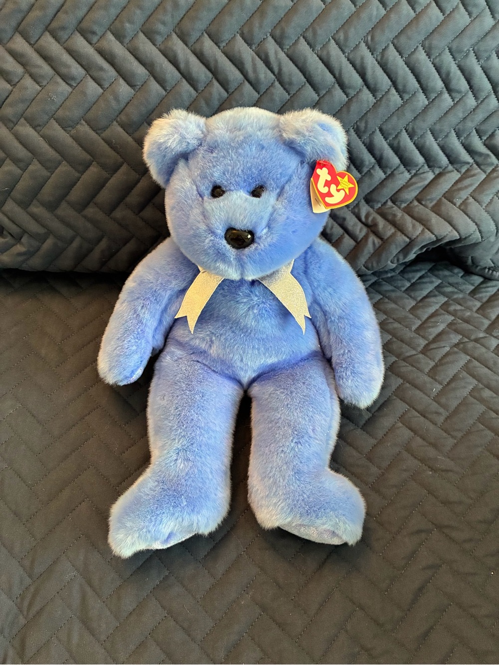 Ty “Clubby II” Large Blue Plush Teddy Bear with Silver Ribbon